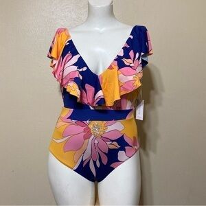 TRINA TURK ruffle shoulder floral one piece swimsuit “breeze ruffle” 14 nwt